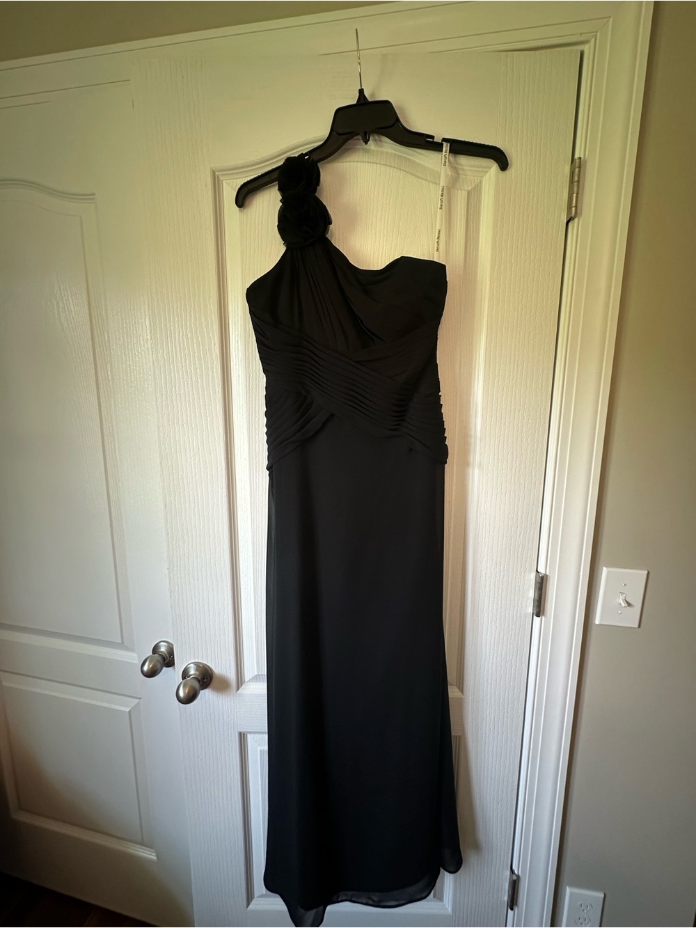 David's Bridal Black One-Shoulder Evening Gown with Floral Accent
